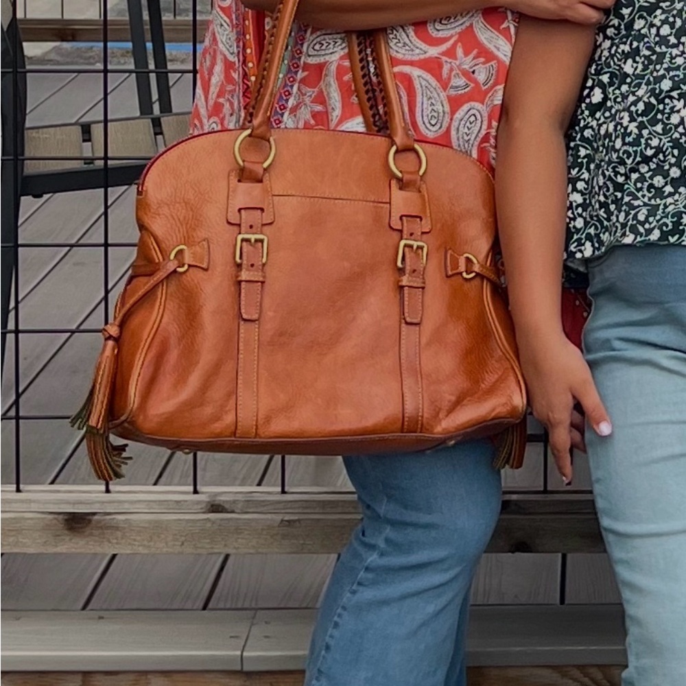 Dooney & Bourke Cognac Leather Satchel with Tassels